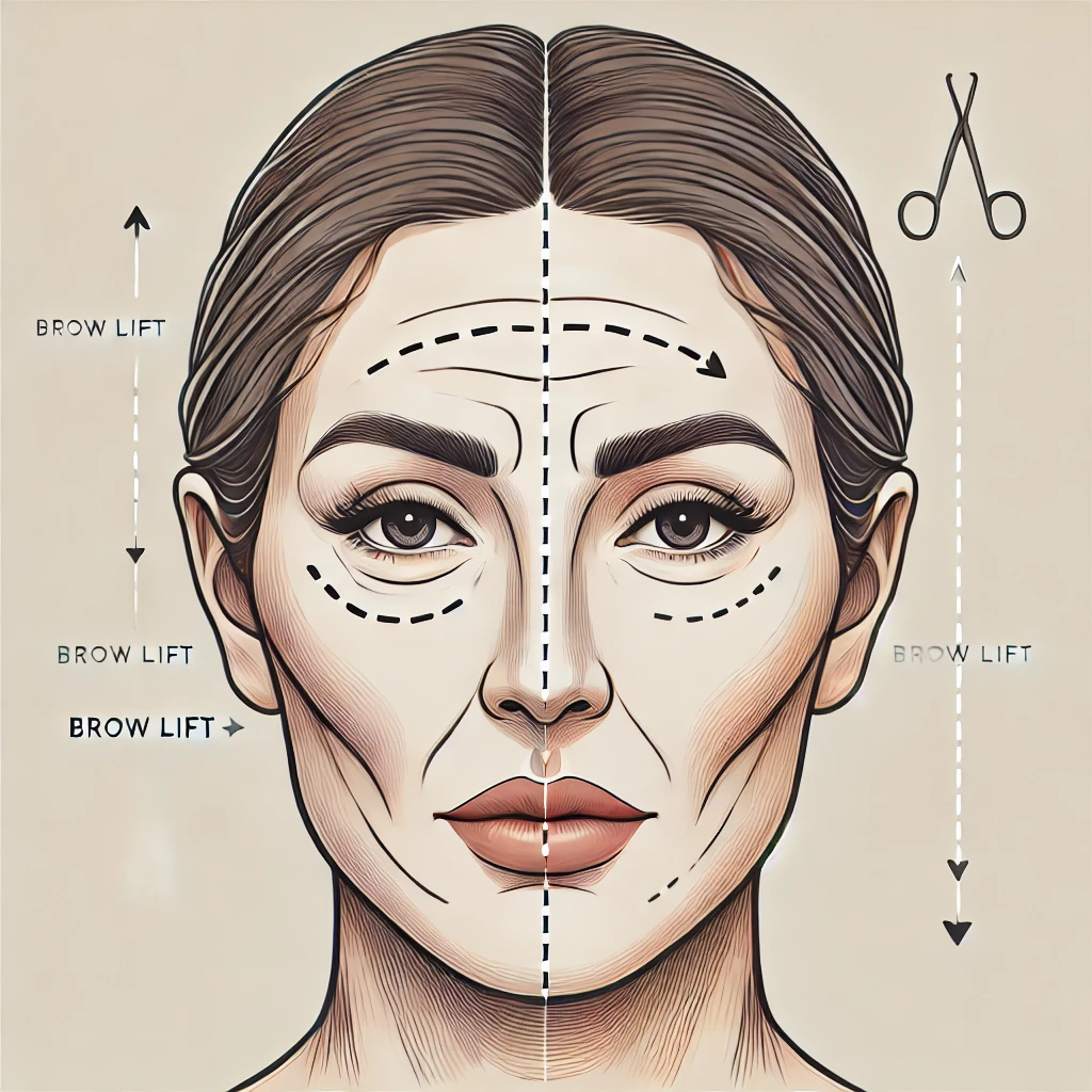 Here is a medical illustration depicting a brow lift procedure, showing the before and after effects of the surgery. 